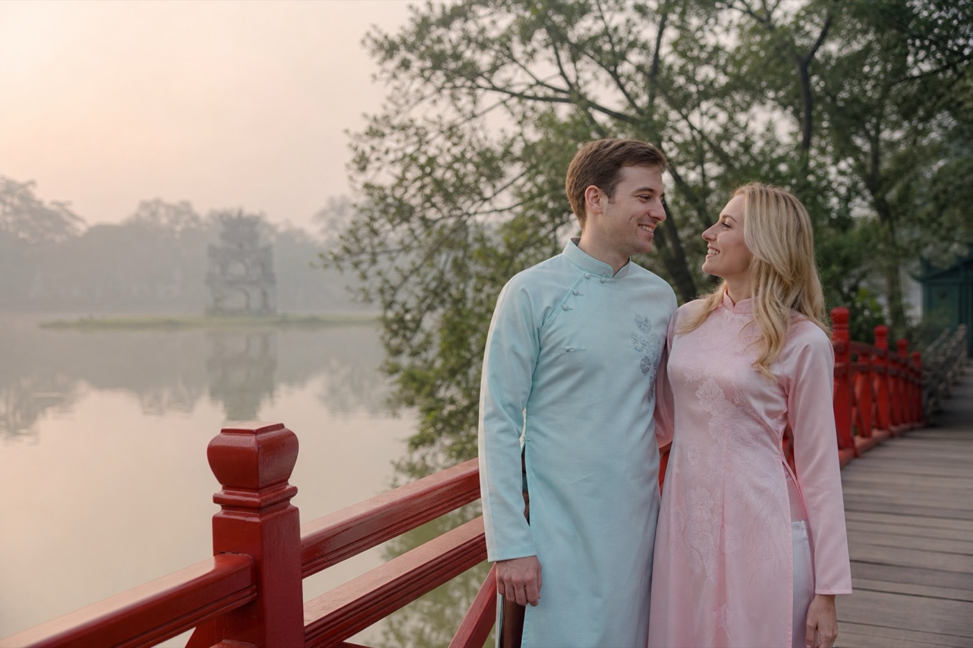Ao dai photoshoot at Hoan Kiem Lake at dawn